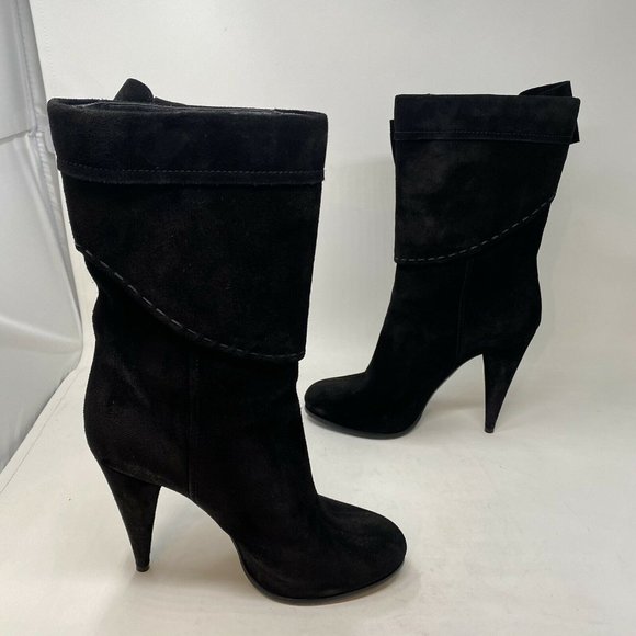 Christian Dior Dress Boots 38.5 8 Black Suede Bow Round Toe Party High Heel Shoe - Picture 3 of 11
